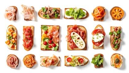 Collection of colorful canapes, appetizers presented on toast. Variety of ingredients like prosciutto, salmon, cheese, herbs, vegetables, tomatoes displayed on clean white background. Perfect for