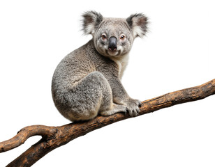 Cute koala sits on tree branch against clean white background. Australian marsupial, known for cuddly appearance, furry coat, distinctive features. Natural habitat includes eucalyptus forests, making