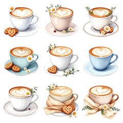 Latte Art Coffee Cup Collection – Heart Foam Designs with Cookies and Flowers in Decorative 3x3 Grid of Cozy Café Aesthetics