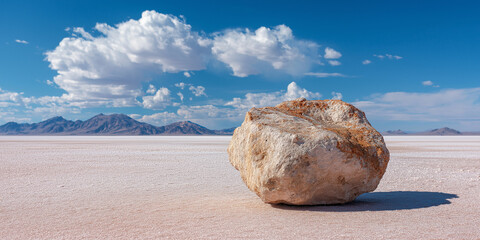 Large rock on a vast, white salt flat