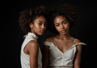 Obraz premium Two young African American women, possibly twins, pose elegantly against dark background. Both show natural beauty with radiant skin, styled curly hair. Wear simple white tops, one with off-shoulder