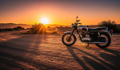 Vintage motorcycle parked on dusty road at sunset