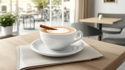 A relaxing moment is being savored in a bright and cozy cafe with a white cup of cappuccino that has a cinnamon stick on a wooden table