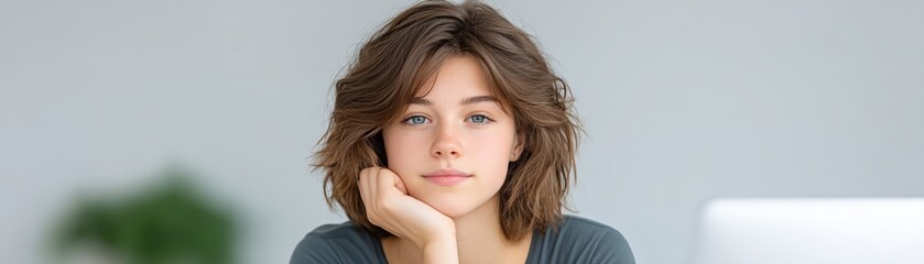 Thoughtful young woman resting face in serene indoor space