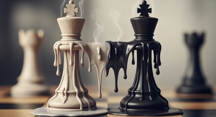 Two chess kings melting into one, surreal fusion of rivalry transforming into symbolic unity