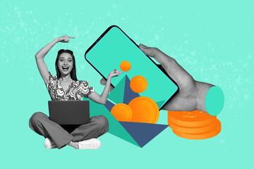 Image trendy art banner collage of happy businessman businesswoman sit phone device money dollar transaction coin e-banking