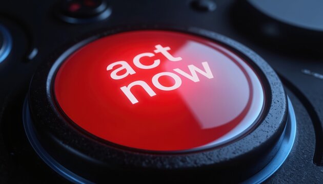 Glowing red button prompts immediate action with text act now. Shiny, illuminated interface element for urgent calls to action, sales, and marketing promotions in digital or web design contexts. - Powered by Adobe