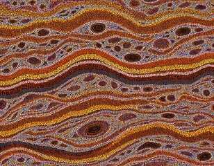 Vibrant abstract art features mesmerizing pattern of colorful dots, flowing lines in earthy tones. Detailed design evokes sense of organic movement, cultural artistry, perfect for unique decor,