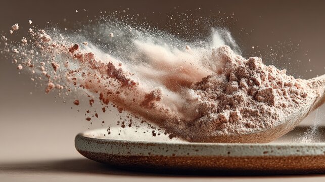 Cloud of pale lavender NMN powder suspended above a scoop on a ceramic plate