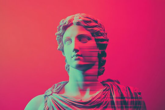 This contemporary art poster showcases a bold and eclectic design, combining a modern creative colored graphic sculpture with an antique statue head in glitch style, set against a red background with