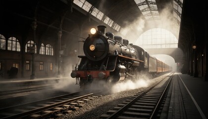 Vintage steam locomotive arrives at classic train station. Black engine with smoke billows through arched glass roof. Orange passenger cars on rail tracks evoke nostalgia for historical rail travel.