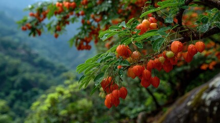 Bright orange-red fruits of the Miracle Tree surrounded by lush rainforest in India