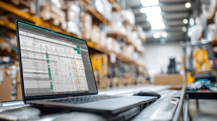 A laptop computer displays inventory spreadsheet, placed on conveyor belt within modern warehouse. Themes of role of digital technology in logistics, distribution, efficient supply chain management.