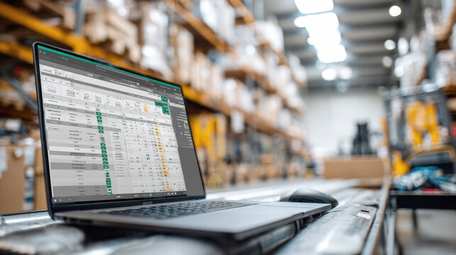 A laptop computer displays inventory spreadsheet, placed on conveyor belt within modern warehouse. Themes of role of digital technology in logistics, distribution, efficient supply chain management. - Powered by Adobe