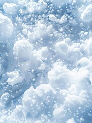A close-up image showcases a vast expanse of snow-covered terrain, resembling a frozen ocean with intricate ice formations and falling snowflakes, creating a serene and ethereal winter scene.