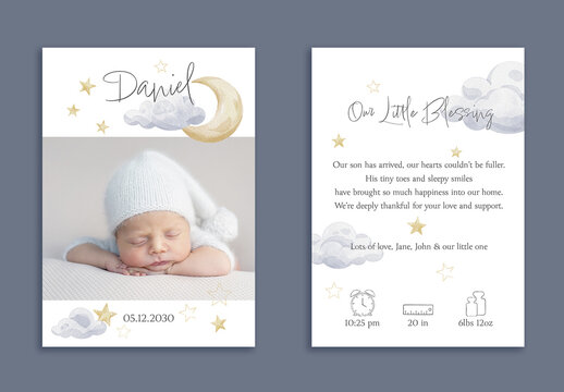 Printable baby announcement & thank you card template with soft watercolor clouds, moon and stars, customizable layout with photo placeholder and editable newborn stats (weight, length, date, time).