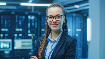Smiling woman with braids and glasses in a data center, in a business suit, arms crossed. A person is blurred in background - Powered by Adobe