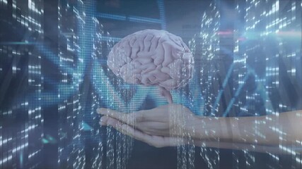 Camera gliding through racks starting helix weaving hand supporting rotating brain illustrating AI - Powered by Adobe