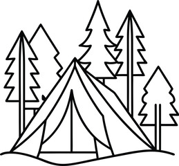 Tent In Forest Line Vector Sty