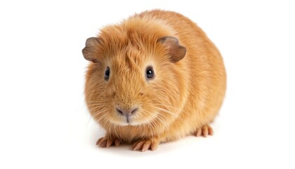 Fototapeta premium Adorable fluffy guinea pig sits isolated on clean white background, soft ginger fur detailed in studio portrait. Cute rodent, popular pet, captured looking directly at camera with big dark eyes,