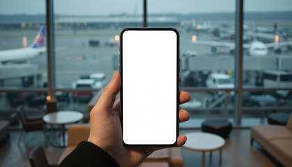 Man holds smartphone with blank white screen inside airport lounge. Blurred background shows airplanes parked at gate. Perfect for travel apps, booking tickets or online services.