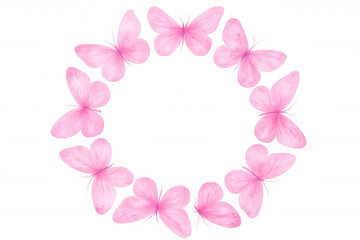 Watercolor painting of pink butterflies forming a circle on a transparent background, ideal for spring and summer themes