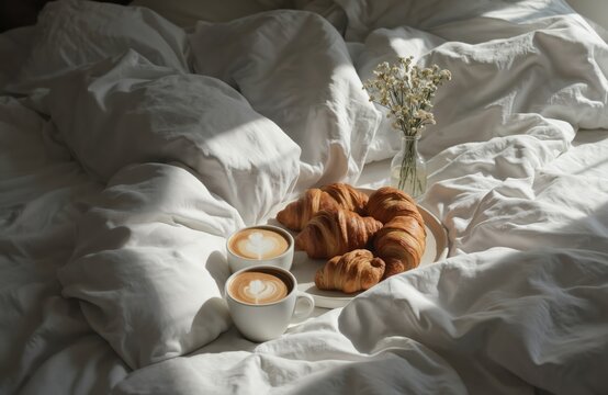 Cozy Sunday morning scene featuring couple cuddling under soft duvet. Enjoying breakfast in bed with coffee and croissants. Warm sunlight streams across white sheets, creating a relaxed atmosphere. - Powered by Adobe