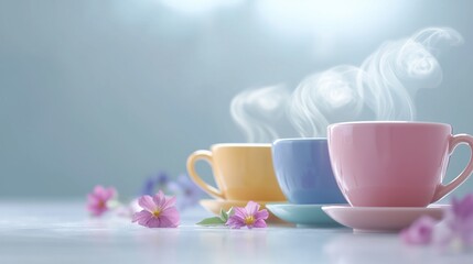 Steaming Tea in Soft Pastel Cups with Floral Accents