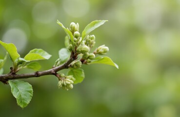 Fototapeta premium Young mock bush branch with blossoming green leaves and buds. Soft spring background with bokeh. Plenty of copy space for text, design projects, springtime announcements.