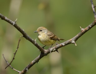 Willow warbler perches on a thorny branch with a soft green background. This small songbird features yellow and olive plumage. Focus on nature, wildlife observation, and birdwatching hobbies.