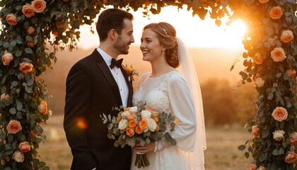 Happy bride and groom smile under floral arch at sunset. Couple in wedding attire holds bouquet with roses and eucalyptus. Romantic moment of love, togetherness, and celebration.