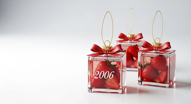 Clear square ornament with strawberries and the year 2006 for new year celebration and holiday background.