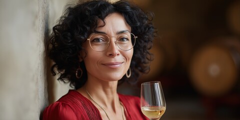 Caucasian mature female enjoying wine in cellar with curly hair and glasses