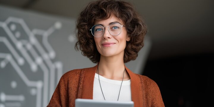 Young caucasian female professional with glasses smiling indoors, holding tablet - Powered by Adobe