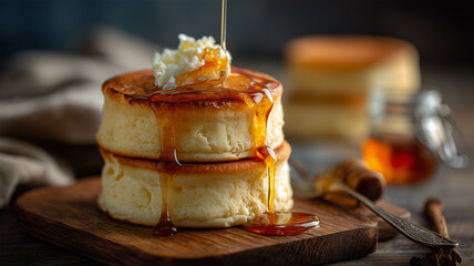 ふわふわスフレパンケーキが輝く木製まな板上