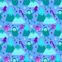 Winter monsters seamless Christmas yeti pattern for wrapping paper and fabrics
