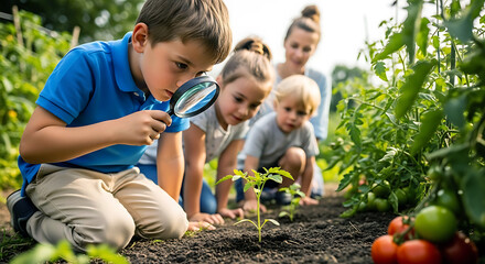 Curious young boy uses a magnifying glass to examine a small plant in a lush garden with other children and an adult in the background