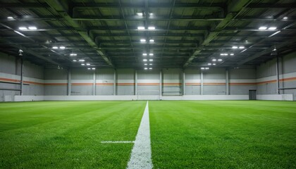 Indoor soccer field features bright lighting, artificial turf. Clear white lines mark playing area within spacious arena. Ready for training, practice, games, competition, facility promotes athletic
