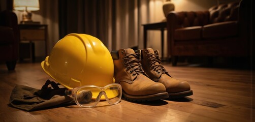Worker safety equipment includes yellow hard hat, protective goggles, sturdy leather work boots. Placed on polished wooden floor, suggesting carpenter shop construction site prep area. Essential gear