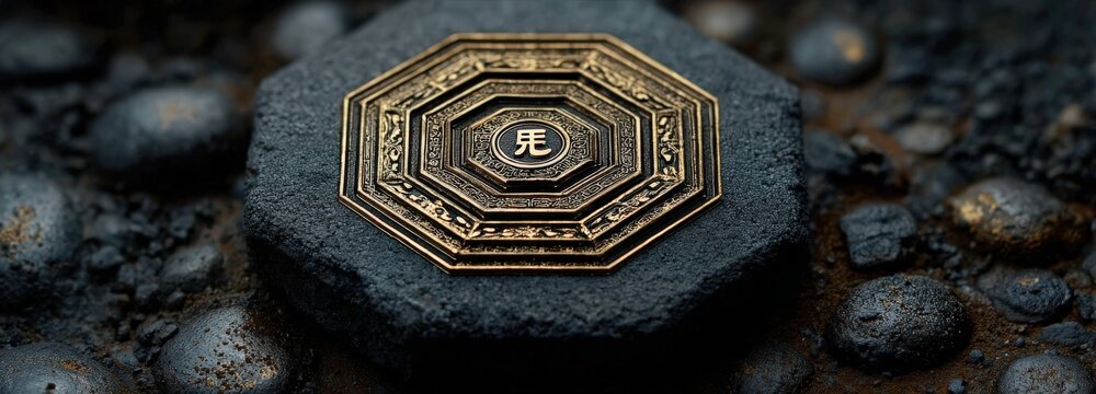 Illuminated silver I Ching hexagram on dark graphite surface with golden outlines