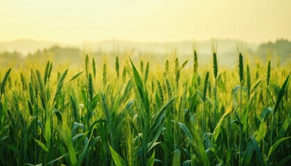 Fototapeta premium Field of green and golden wheat stalks gently swaying in soft morning sunrise light. Blurred background with hills and trees creates a peaceful, natural atmosphere.