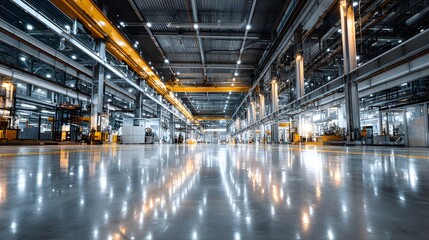 Fototapeta premium Interior view of a large industrial building with a shiny floor.