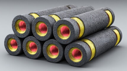 Fourteen 3D pre-insulated district heating pipe segments on a gray background