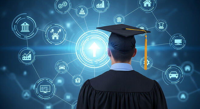 Graduate facing a futuristic digital network of global education and career opportunities