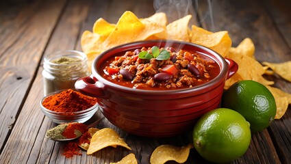 Hearty bowl of steaming chili with tortilla chips and fresh limes perfect for a comforting meal or game day snack