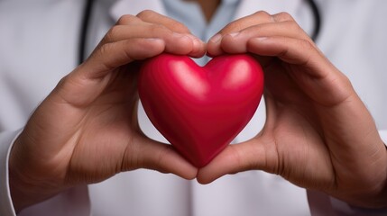 Obraz premium A healthcare professional gently holds a vibrant heart-shaped object between their hands, symbolizing the concept of health and wellness. The expression emphasizes care and vitality