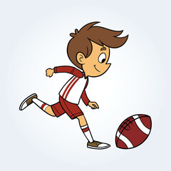 an character illustration of a boy playing rugby ball in red kit