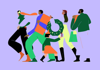 Festive Figures Carrying Gifts, Wreaths, and Trees for Christmas.