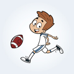 an character illustration of a boy playing rugby ball and happy face