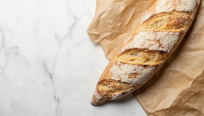Close-up of golden baked with a crispy crust and soft interior. Isolated on white marble background with brown paper, perfect for bakery, culinary, gastronomy themes.